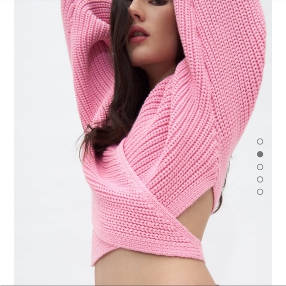 Zara Sweaters Zara Pink Wrap Belted Tie Waist V Neck Knit Sweater